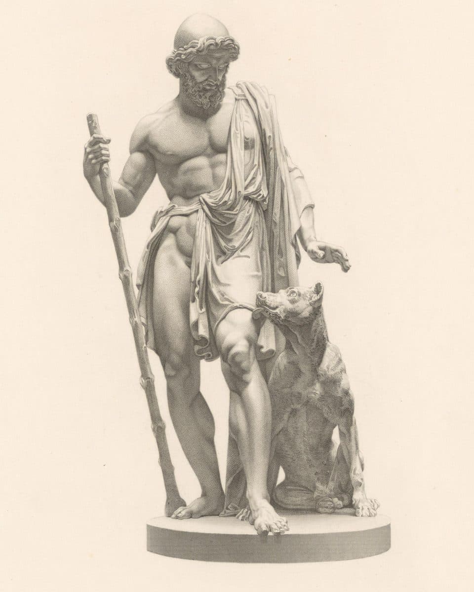 An engraving of a marble statue: Ulysses, leaning on his staff, reaches a hand toward his dog Argos, who sits at his side and looks up at him